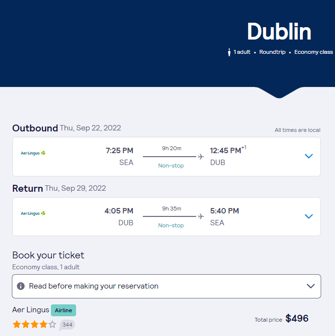 Nonstop Flights Seattle to Dublin 496 r/t [SeptemberOctober] Aer