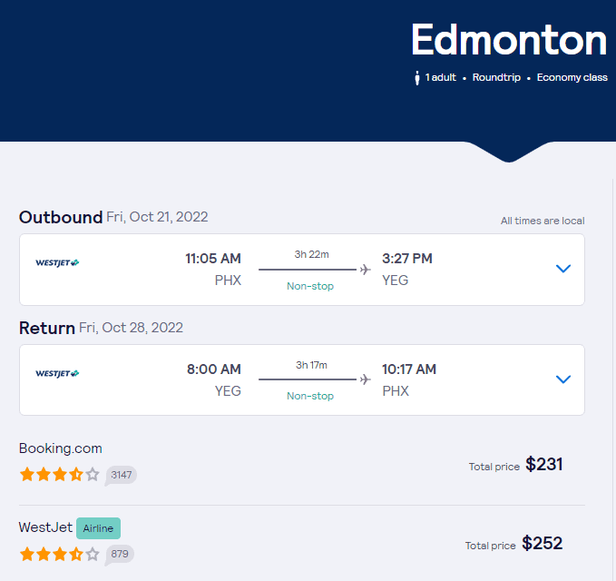 Nonstop Flights Phoenix to/from Edmonton 231252 r/t [OctoberNovember] WestJet