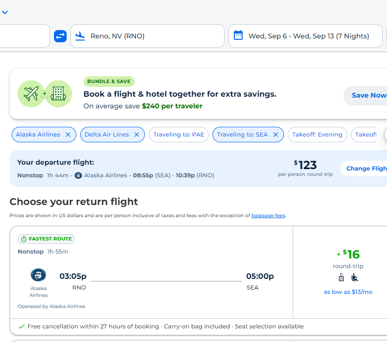 Nonstop Flights Seattle to/from Reno 137168 r/t [SeptemberDecember