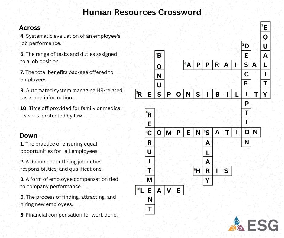 HR Crossword Answer Key ESG Professional Accountants