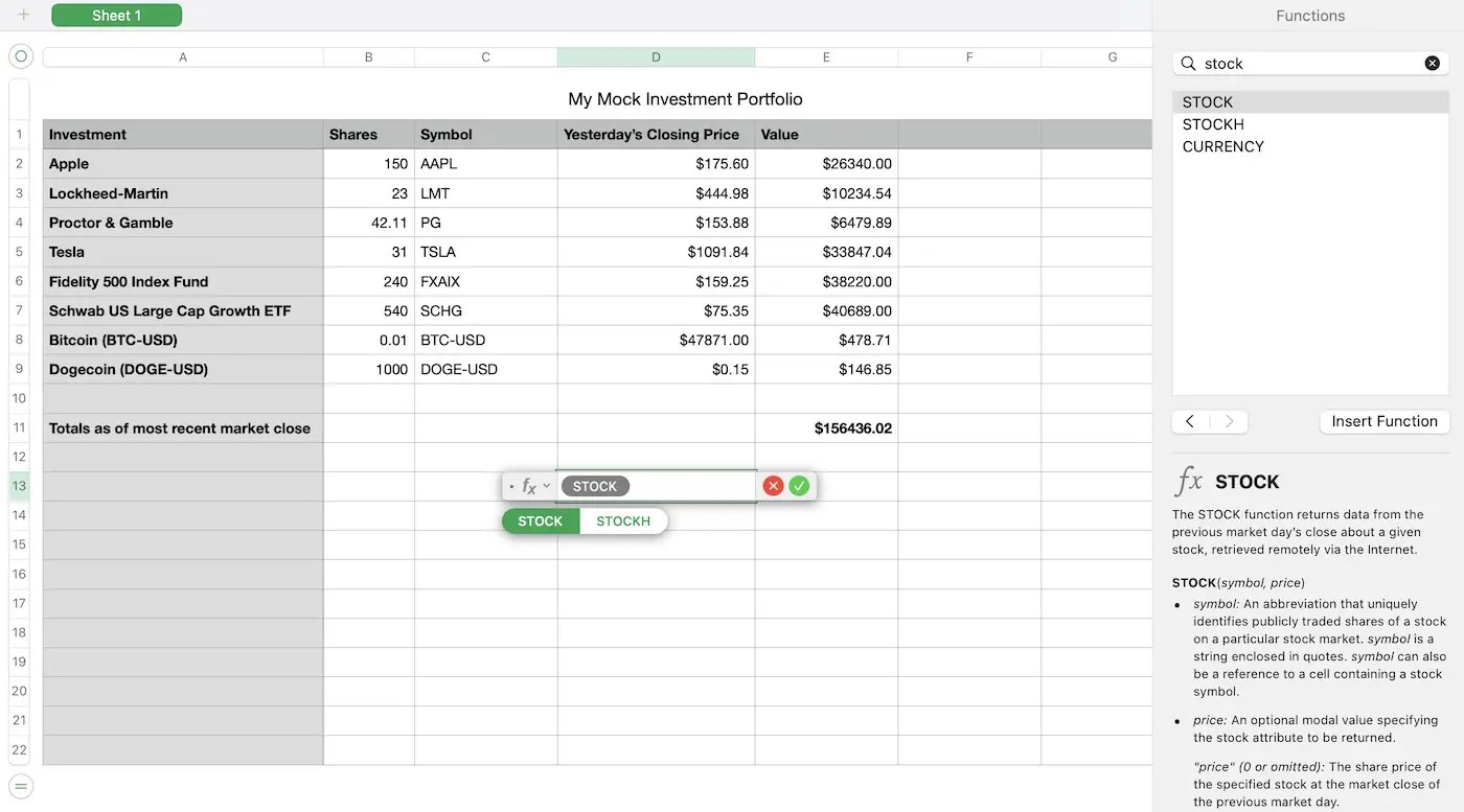 Tracking Stock Values in Numbers