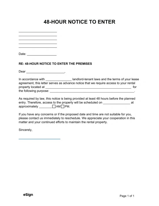 Free Landlord Notice to Enter Form PDF Word