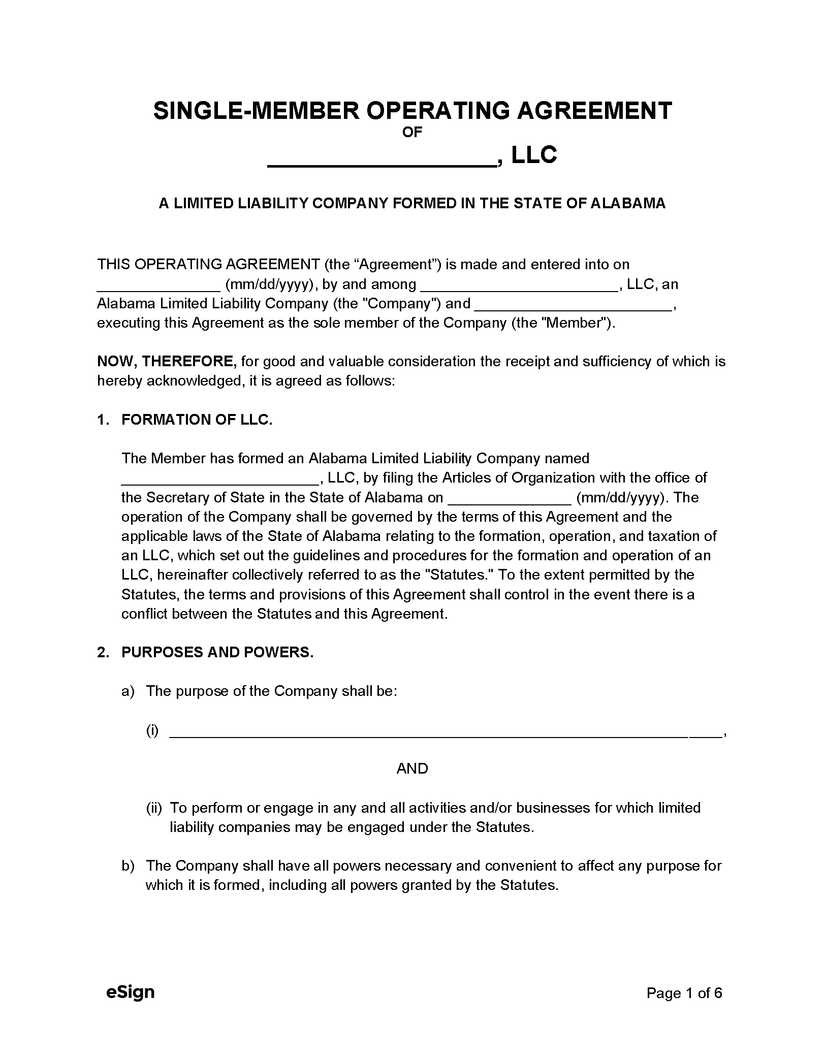 Free Alabama SingleMember LLC Operating Agreement Form PDF Word