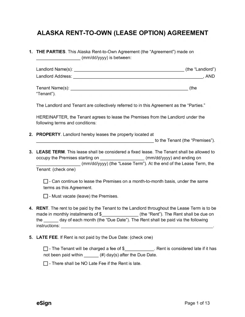 Free Alaska RenttoOwn (Lease Option) Agreement PDF Word