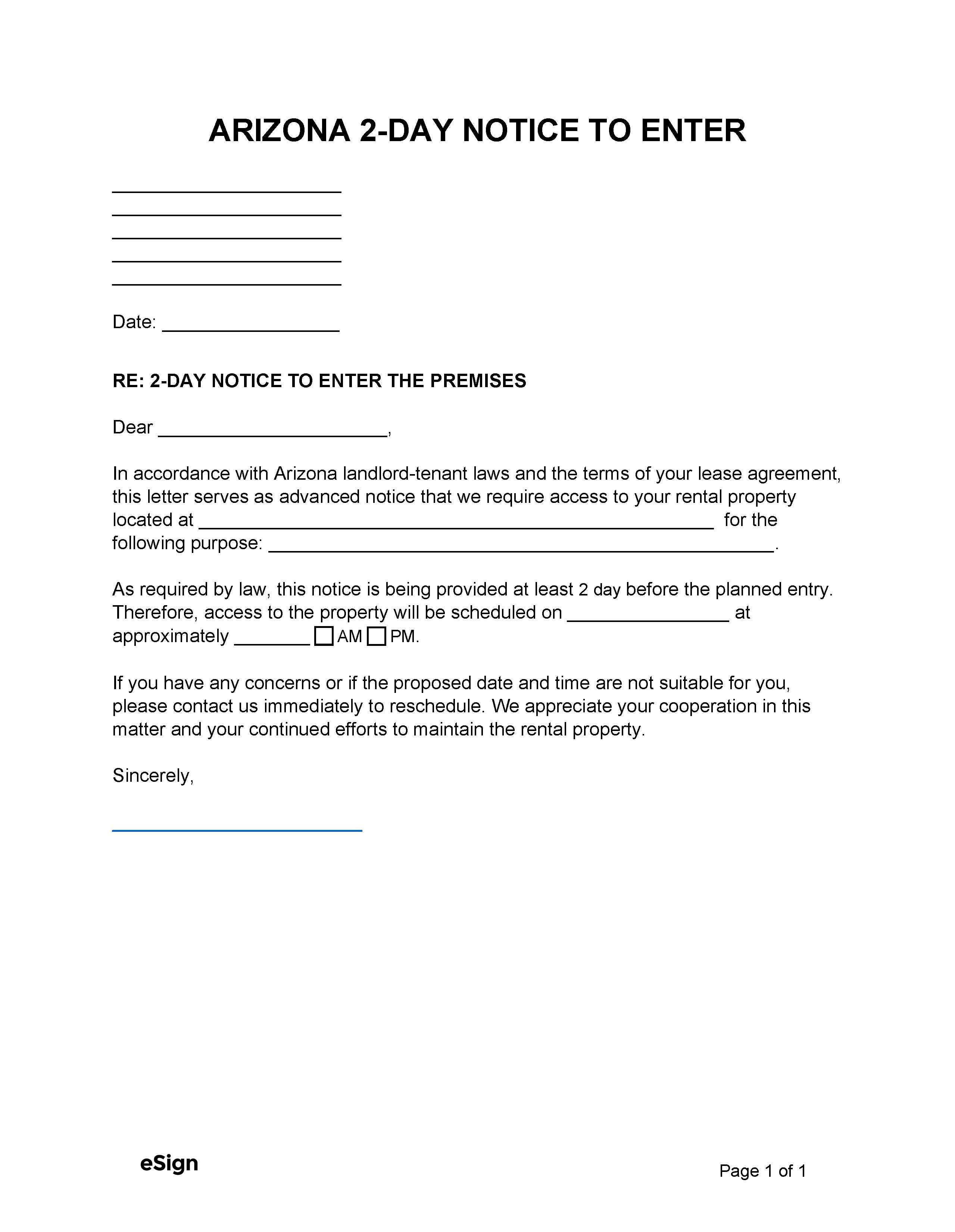 Free Arizona Landlord Notice to Enter 2Day PDF Word