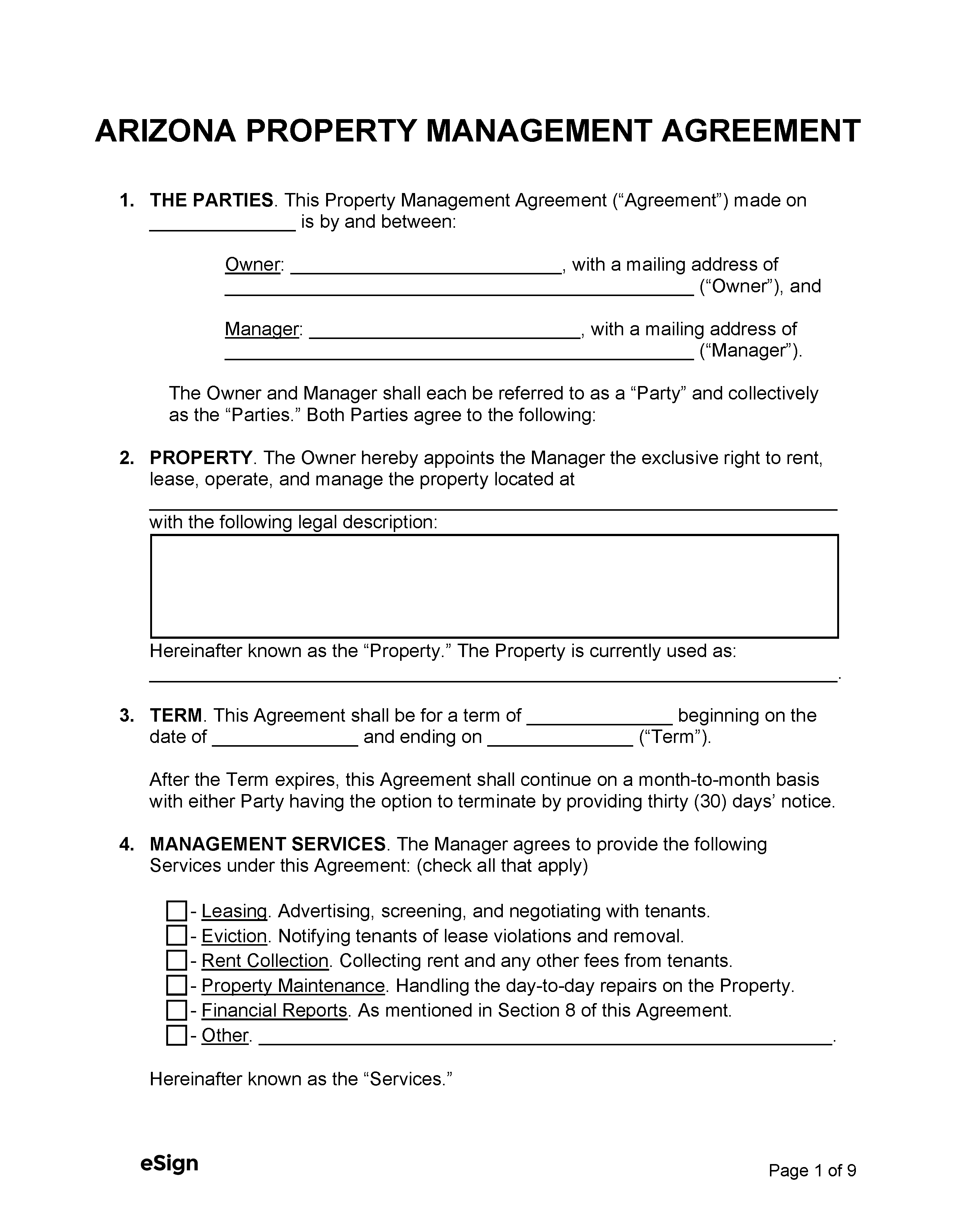 Free Arizona Property Management Agreement PDF Word