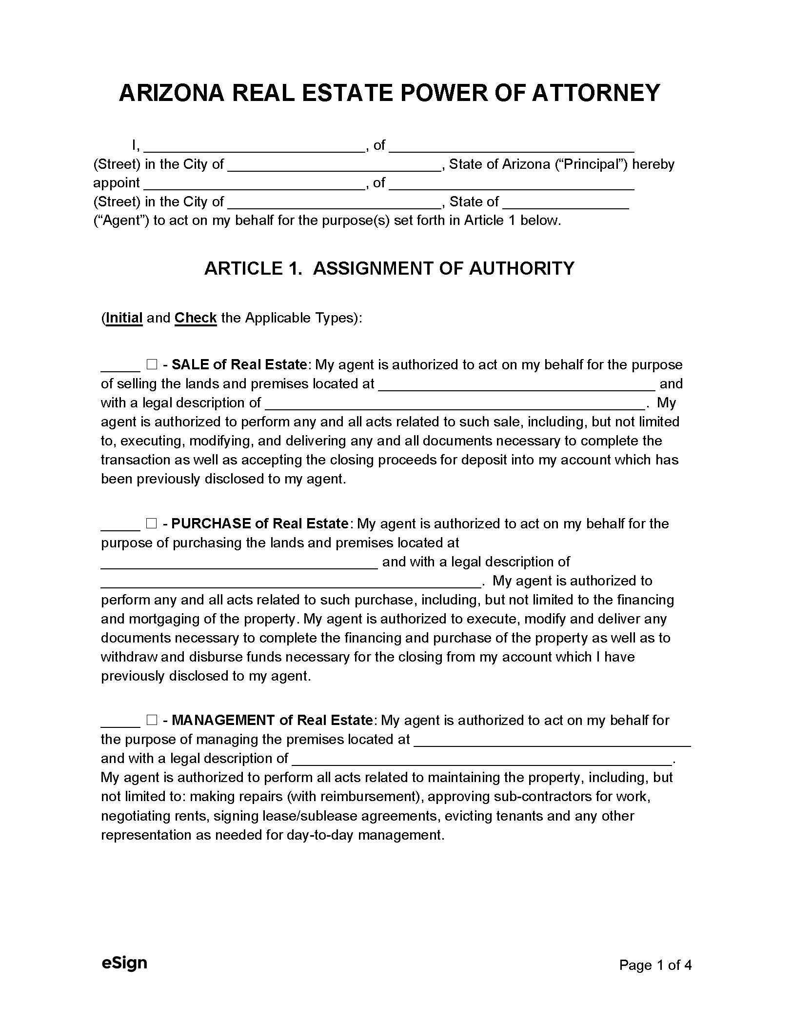 Free Arizona Real Estate Power of Attorney Form PDF Word