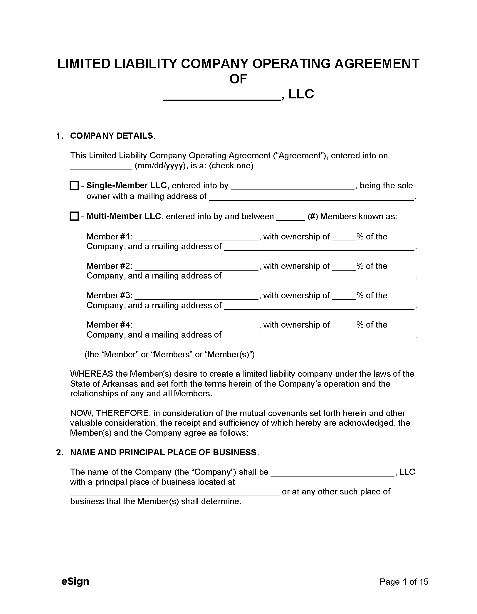 Free Arkansas LLC Operating Agreement Template PDF Word