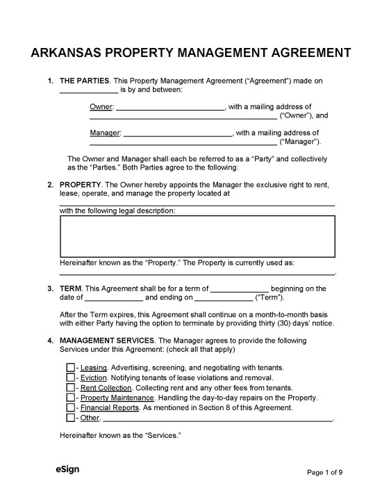 Free Arkansas Property Management Agreement PDF Word