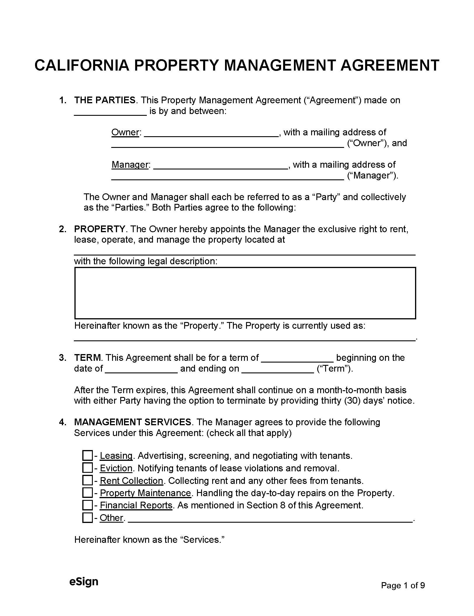 Free California Property Management Agreement PDF Word