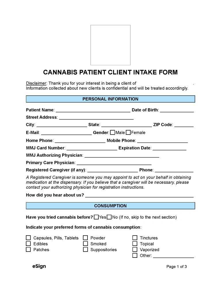 Free Cannabis Patient Client Intake Form PDF Word