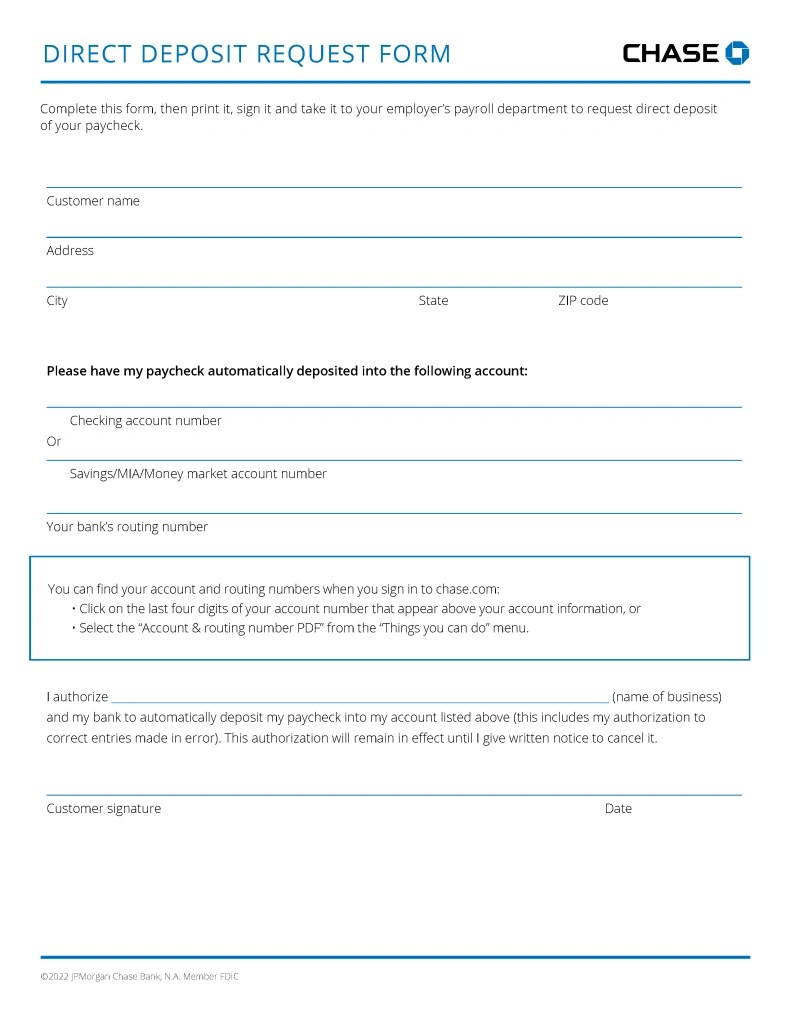 Free Chase Bank Direct Deposit Authorization Form | PDF