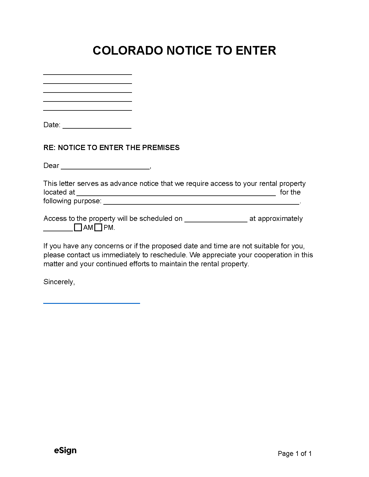 Free Colorado Landlord Notice to Enter PDF Word
