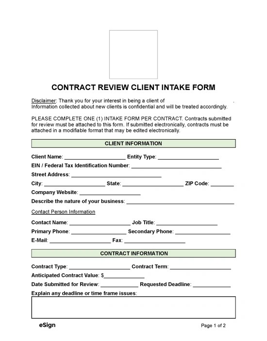 Free Contract Review Intake Form PDF Word