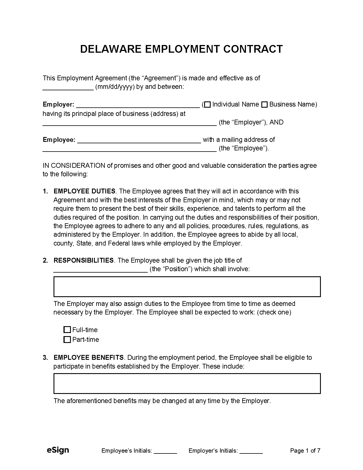 Free Delaware Employment Contract Templates PDF Word