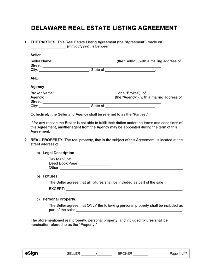 Free Delaware Real Estate Listing Agreement PDF Word