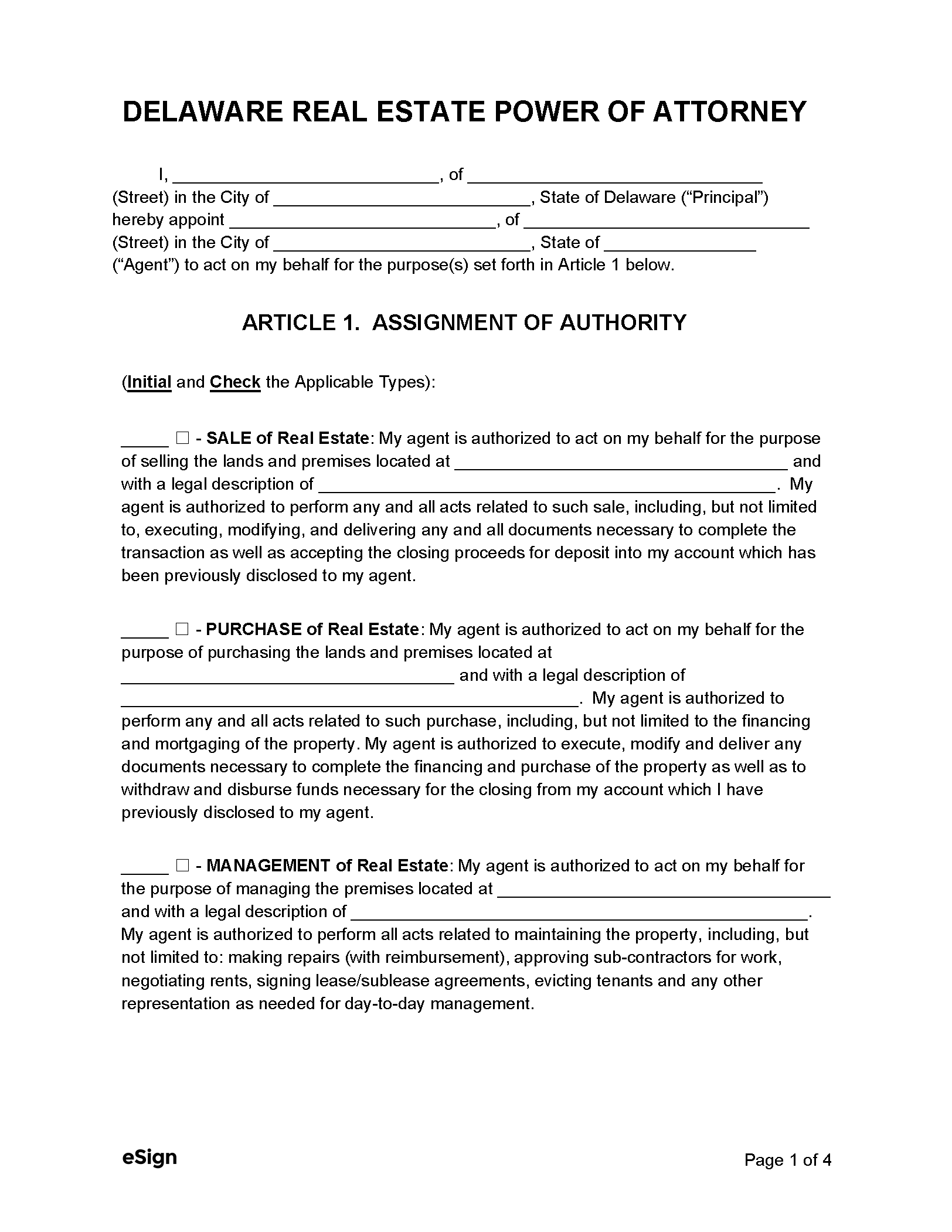 Free Delaware Real Estate Power of Attorney Form PDF Word