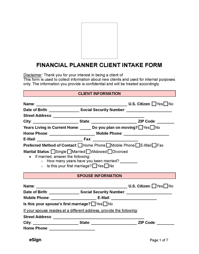 Free Financial Planner Client Intake Form PDF Word
