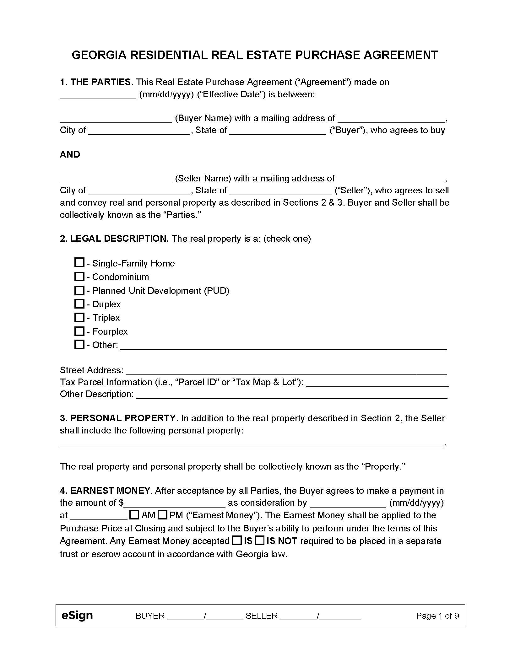 Free Residential Purchase and Sale Agreement PDF Word