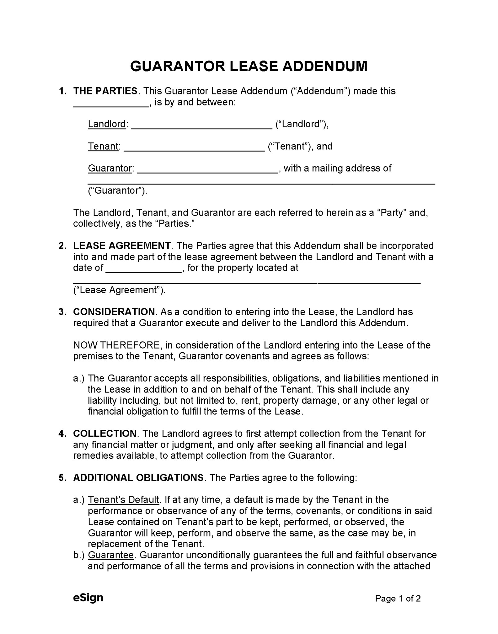 Free Guarantor (CoSigner) Lease Addendum Template PDF Word