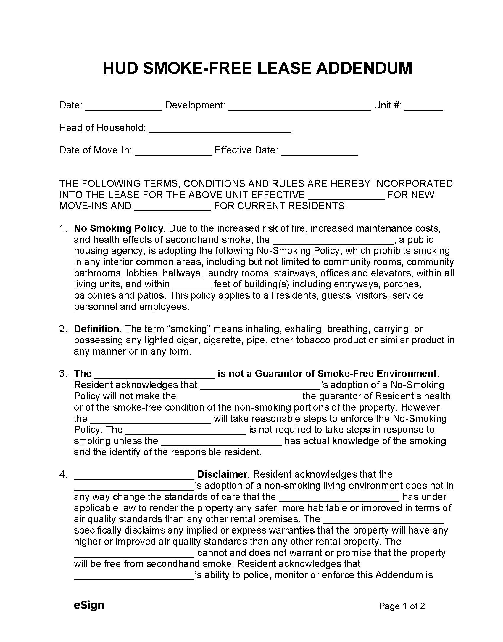 Free SmokeFree Lease Addendum Template (2) PDF Word