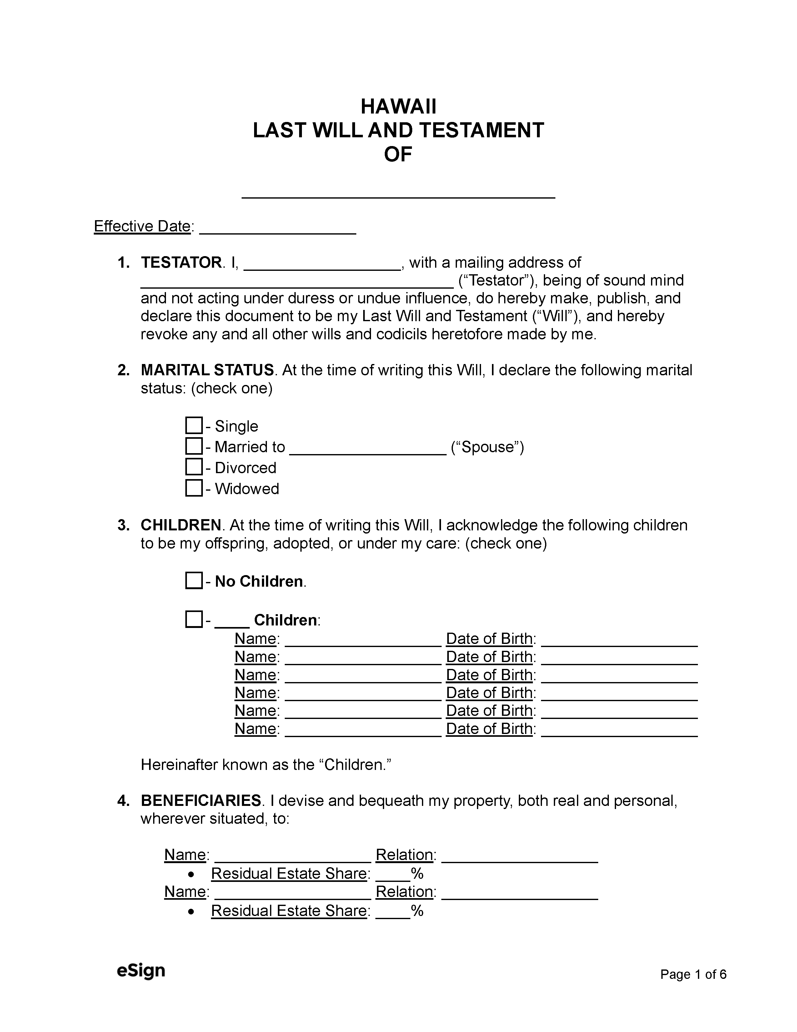 Free Hawaii Last Will and Testament Template PDF Word