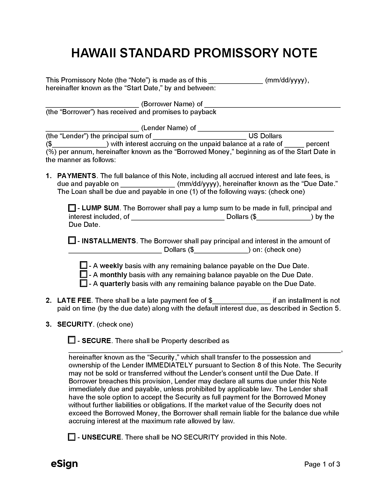 Free Hawaii Promissory Note Template PDF Word