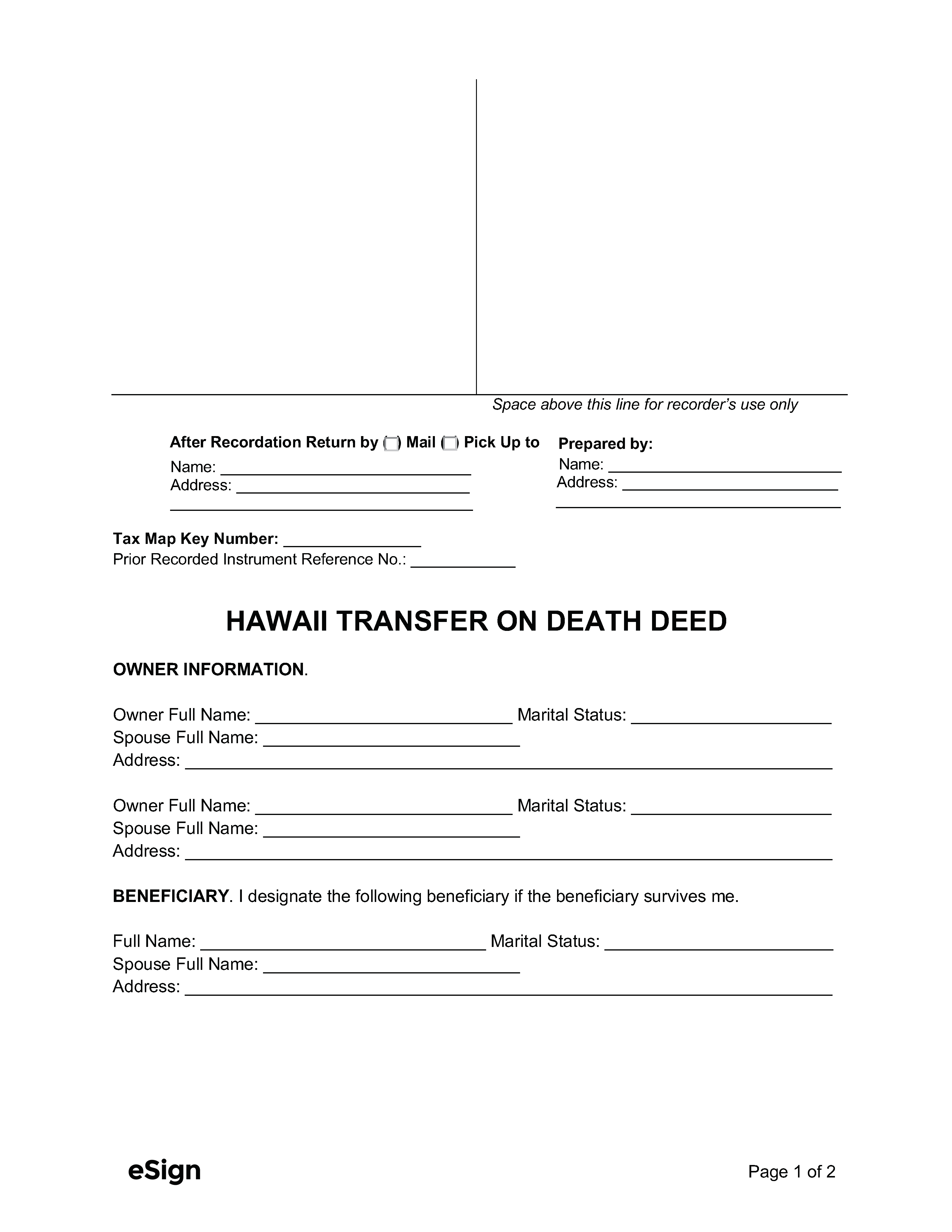 Free Hawaii Transfer on Death Deed Form PDF Word
