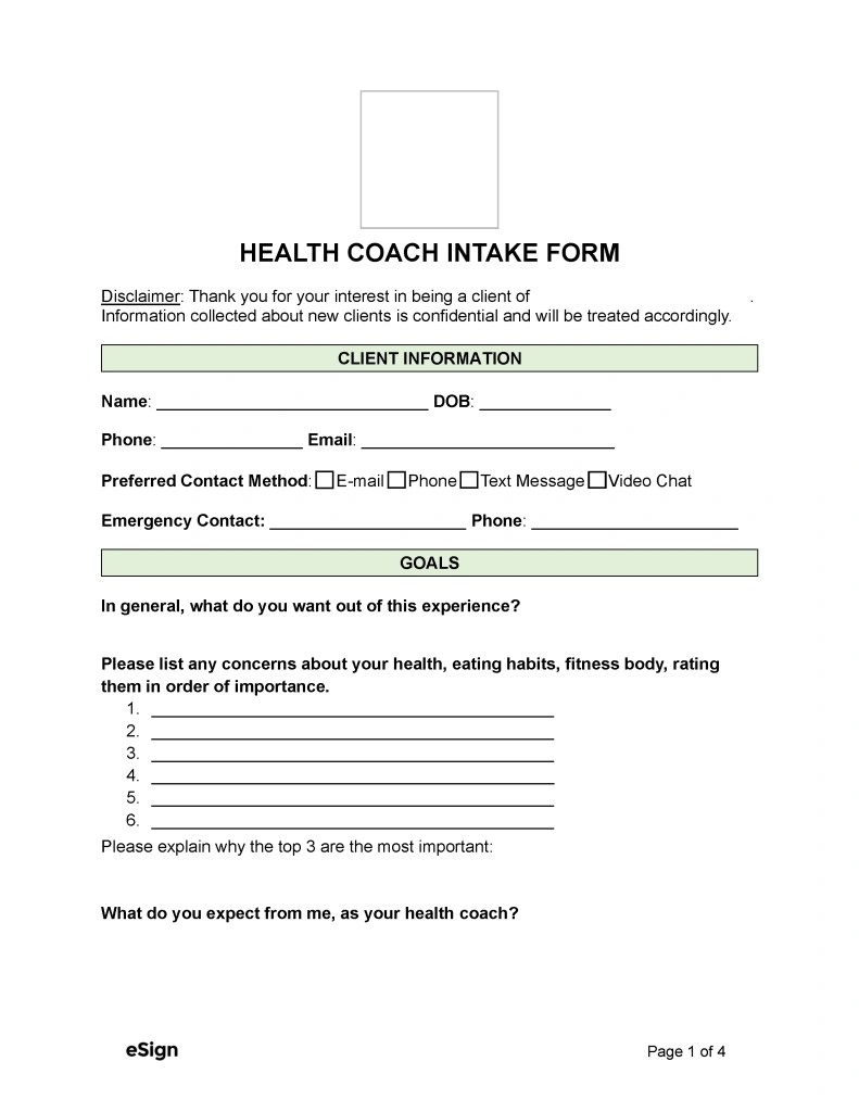 Free Health Coach Intake Form PDF Word