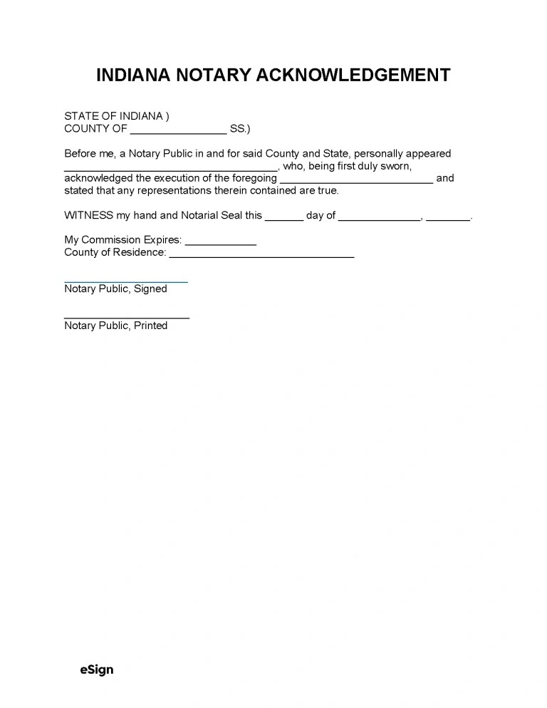 Free Indiana Notary Acknowledgment Form PDF Word