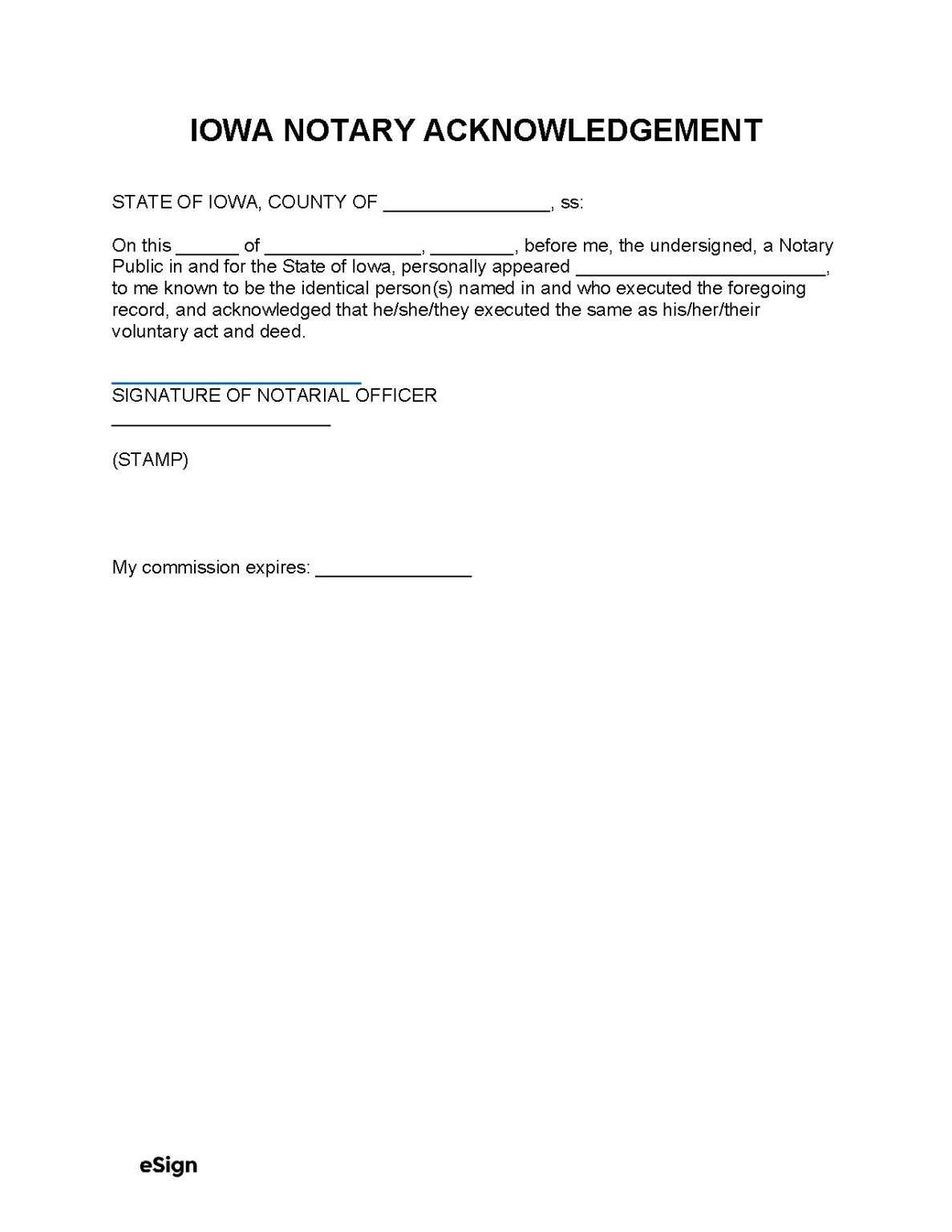 Free Iowa Notary Acknowledgment Form PDF Word