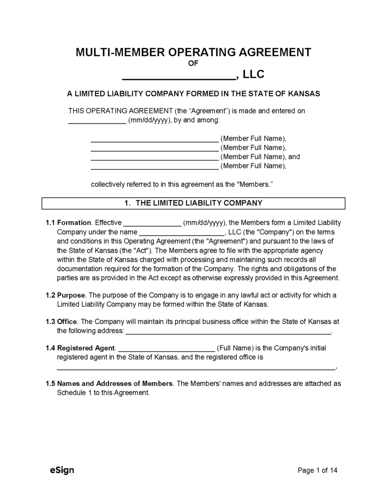 Free Kansas LLC Operating Agreement Template PDF Word