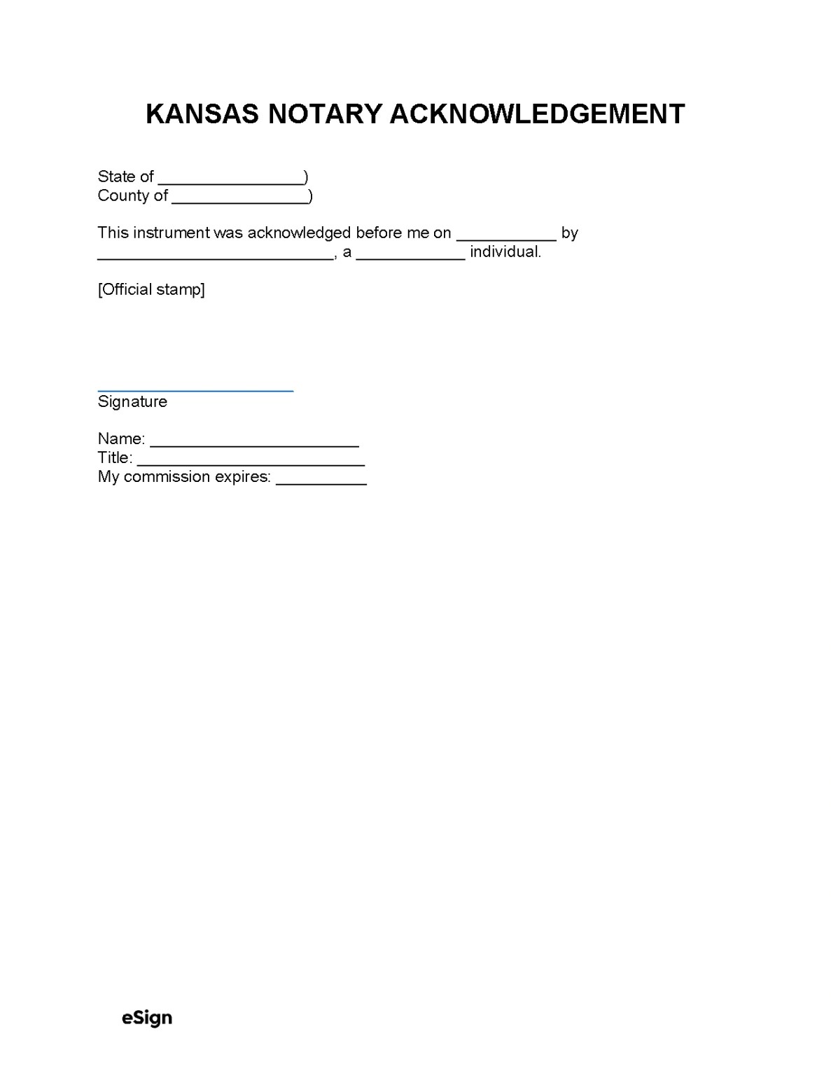 Free Kansas Notary Acknowledgment Form PDF Word