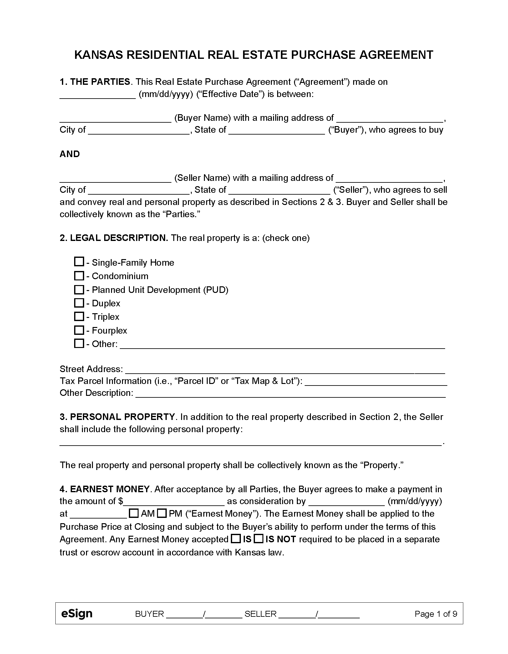 Free Kansas Residential Purchase and Sale Agreement PDF Word