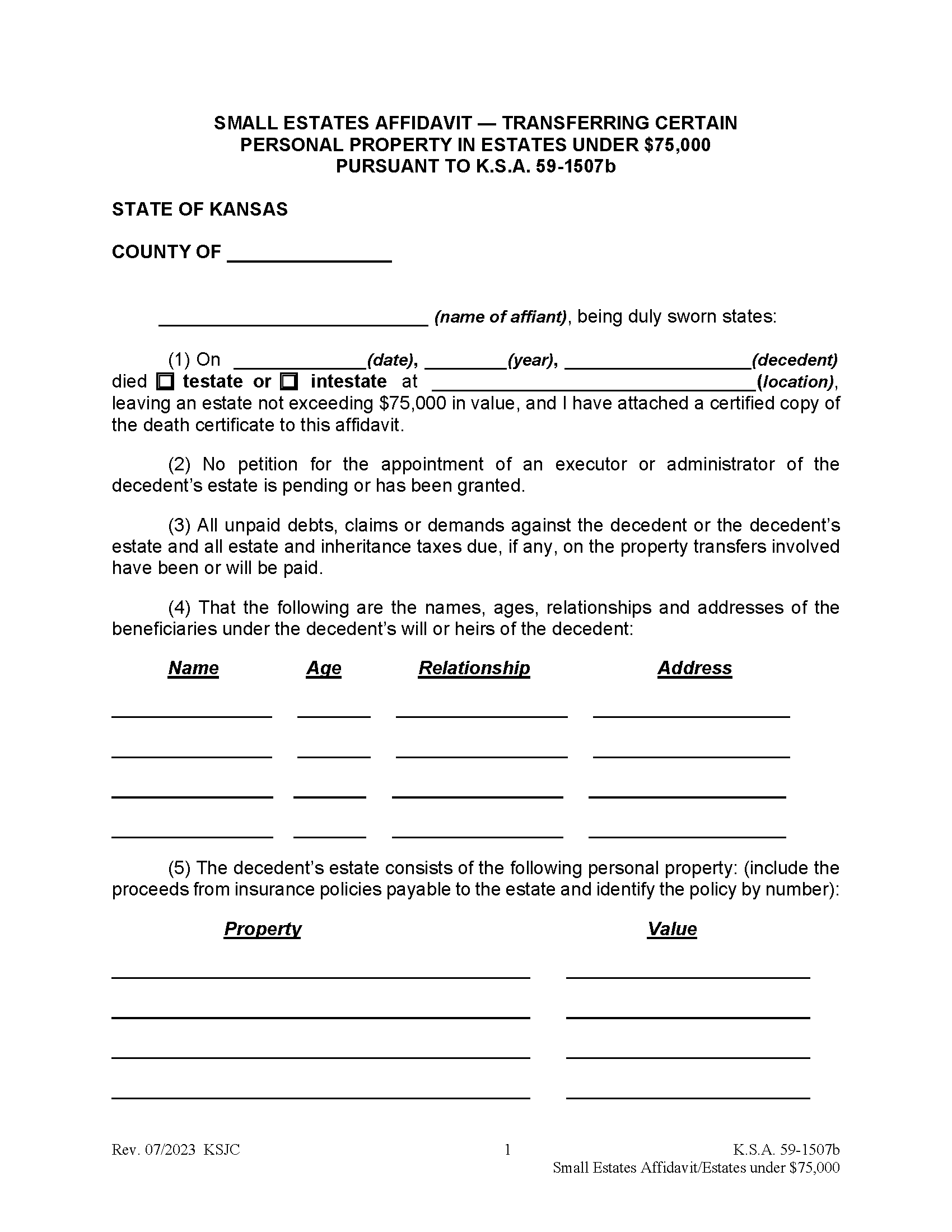 Free Kansas Small Estate Affidavit Form PDF