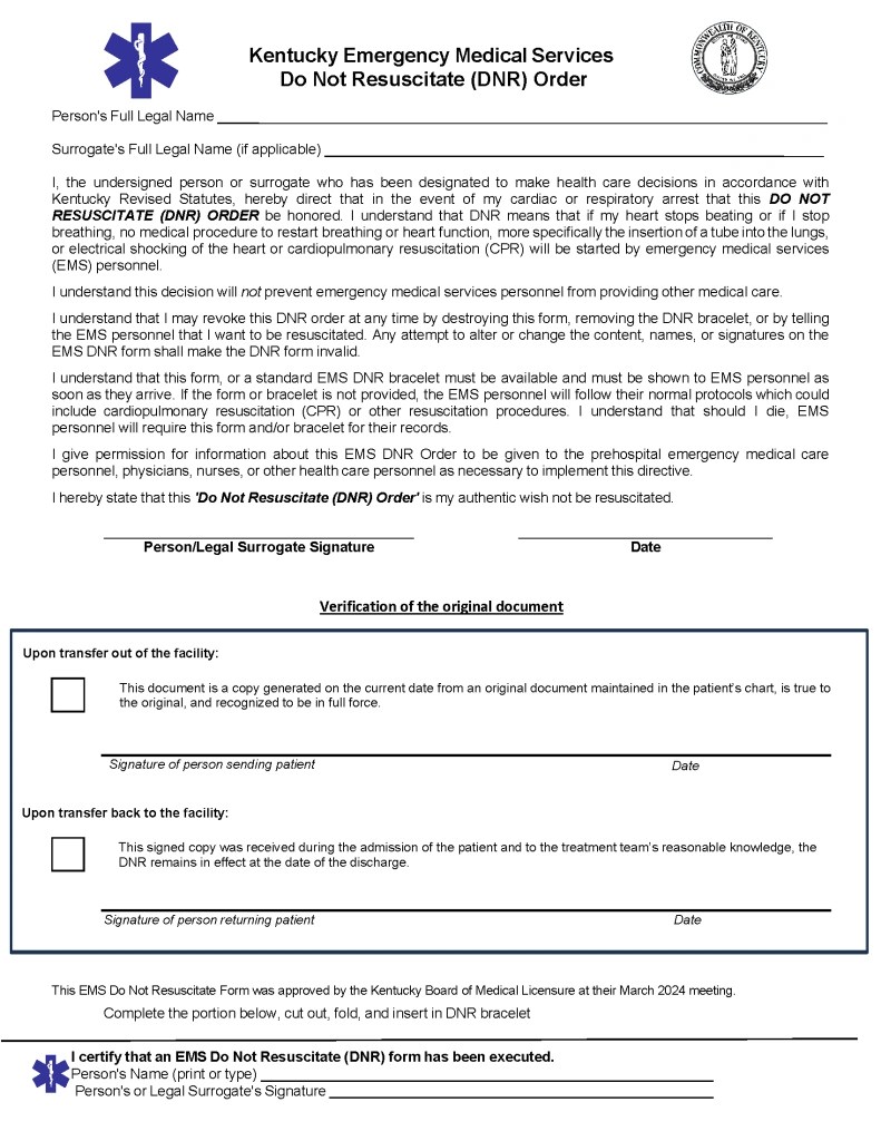 Free Kentucky Do Not Resuscitate (DNR) Form PDF