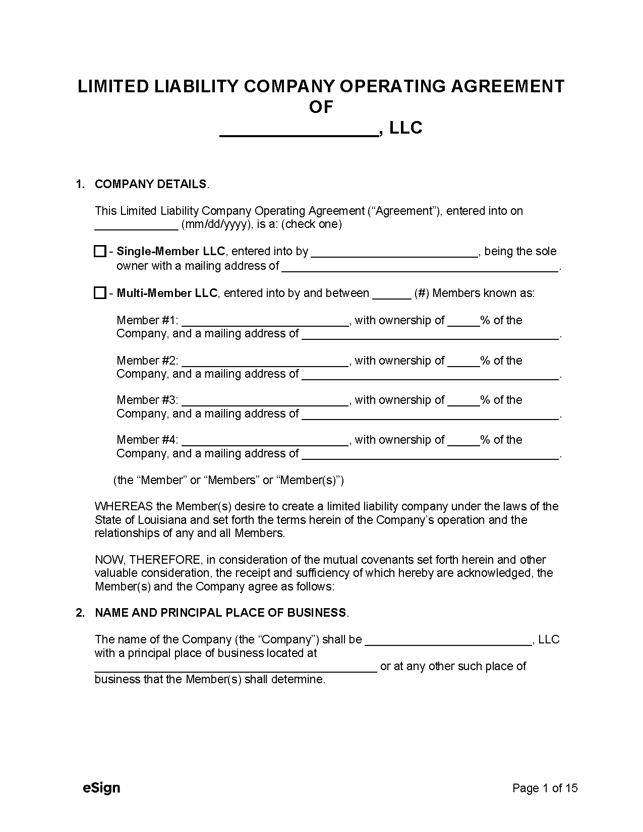 Free Louisiana LLC Operating Agreement Template PDF Word