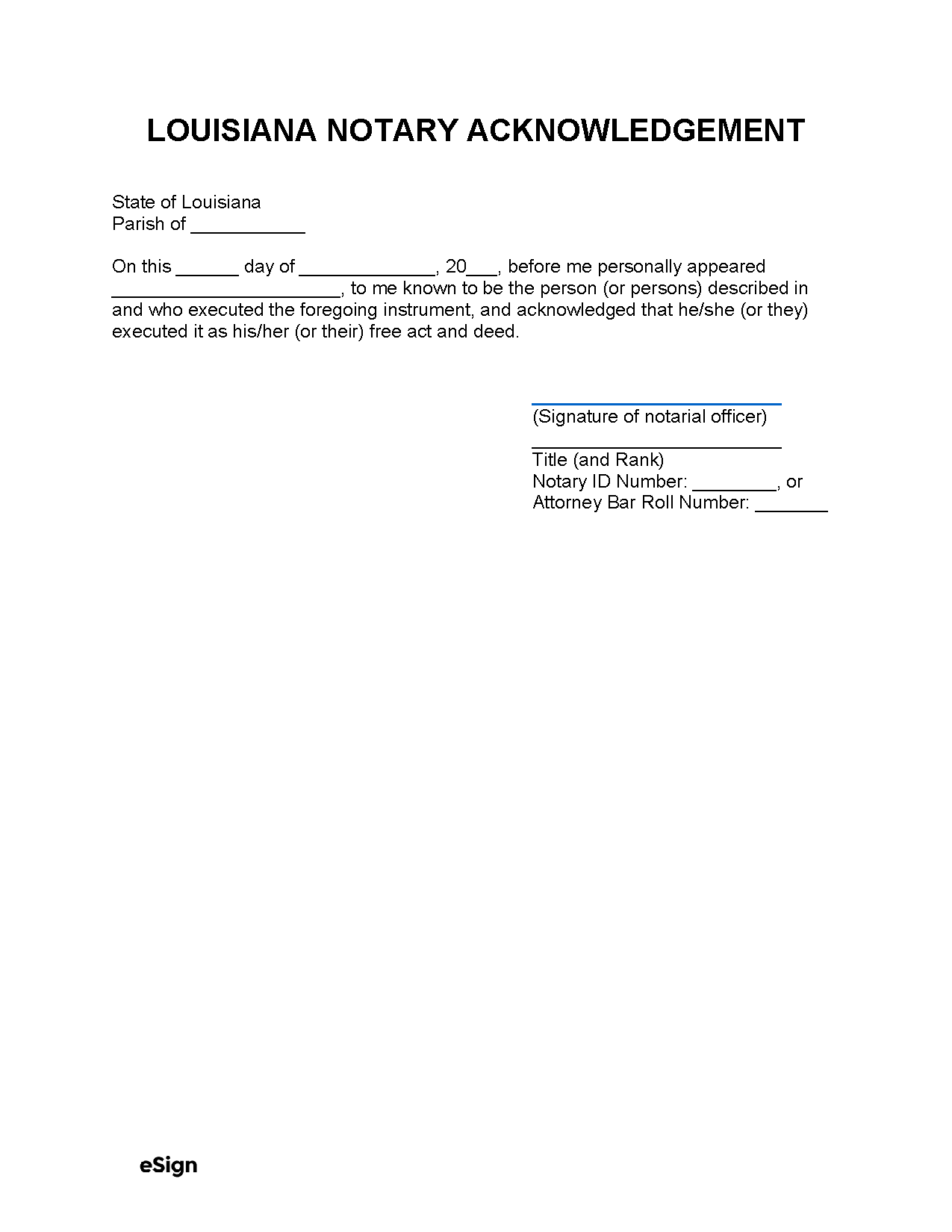 Free Louisiana Notary Acknowledgment Form PDF Word