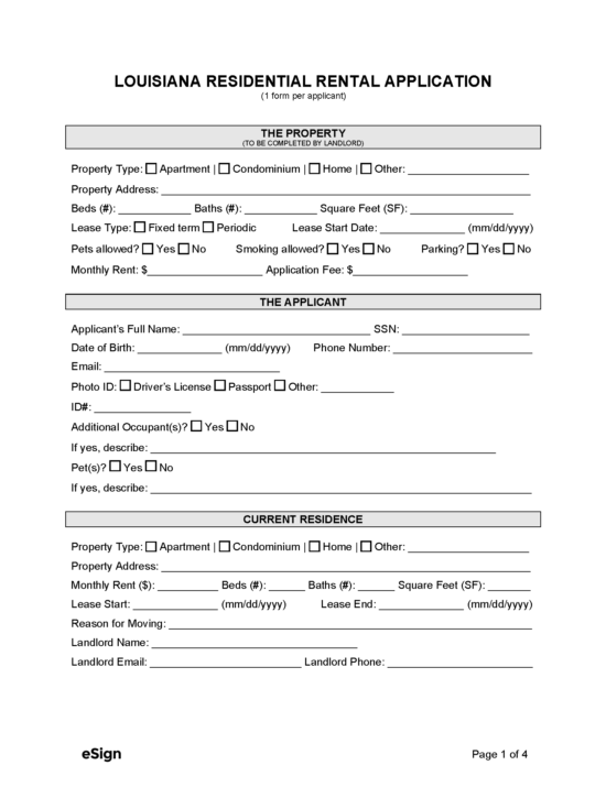 Free Louisiana Rental Application Form PDF Word