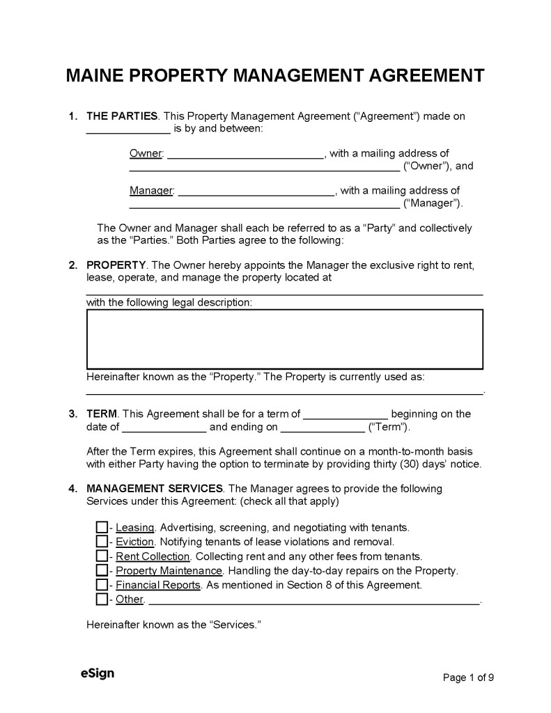 Free Maine Property Management Agreement PDF Word