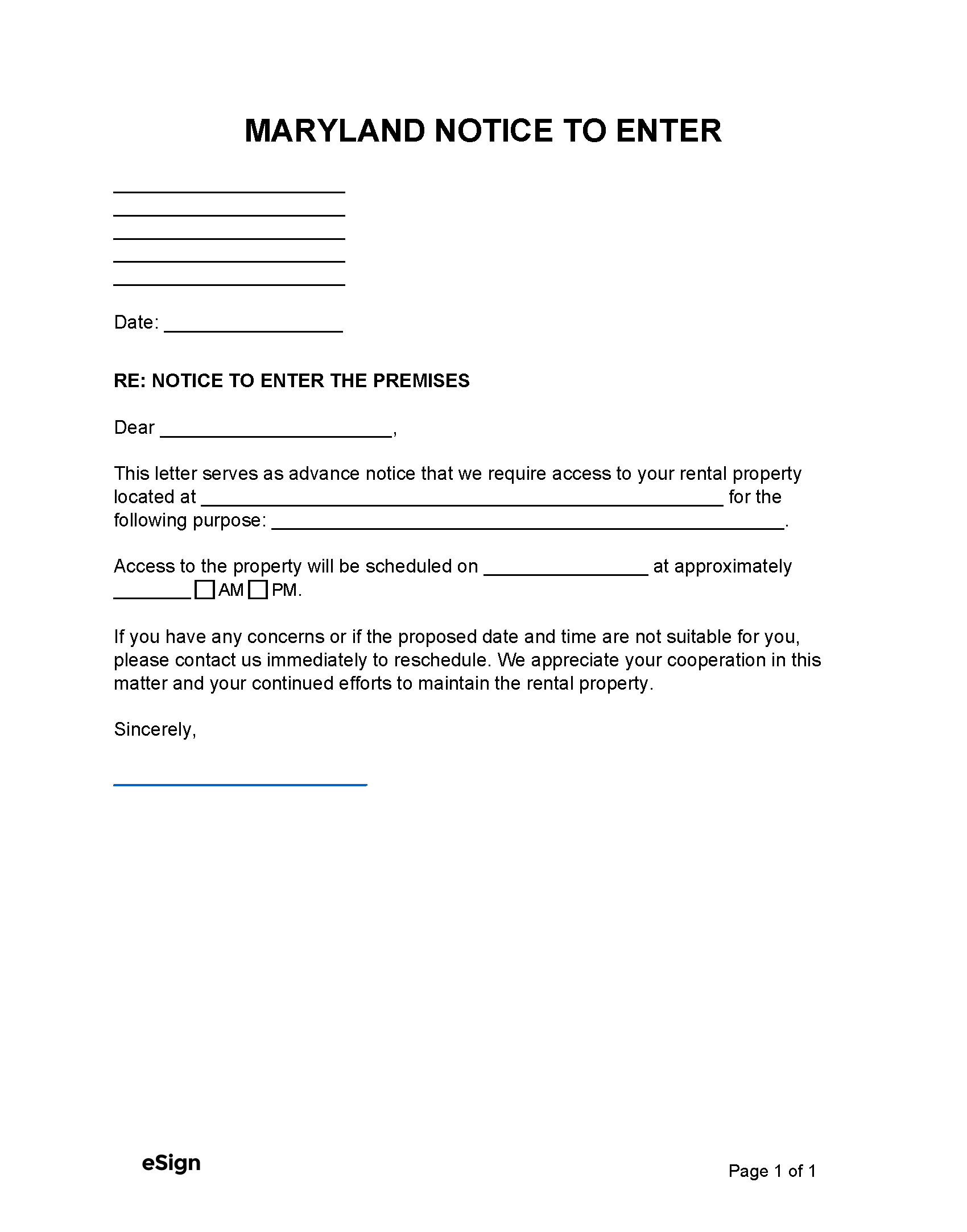 Free Maryland Landlord Notice to Enter PDF Word