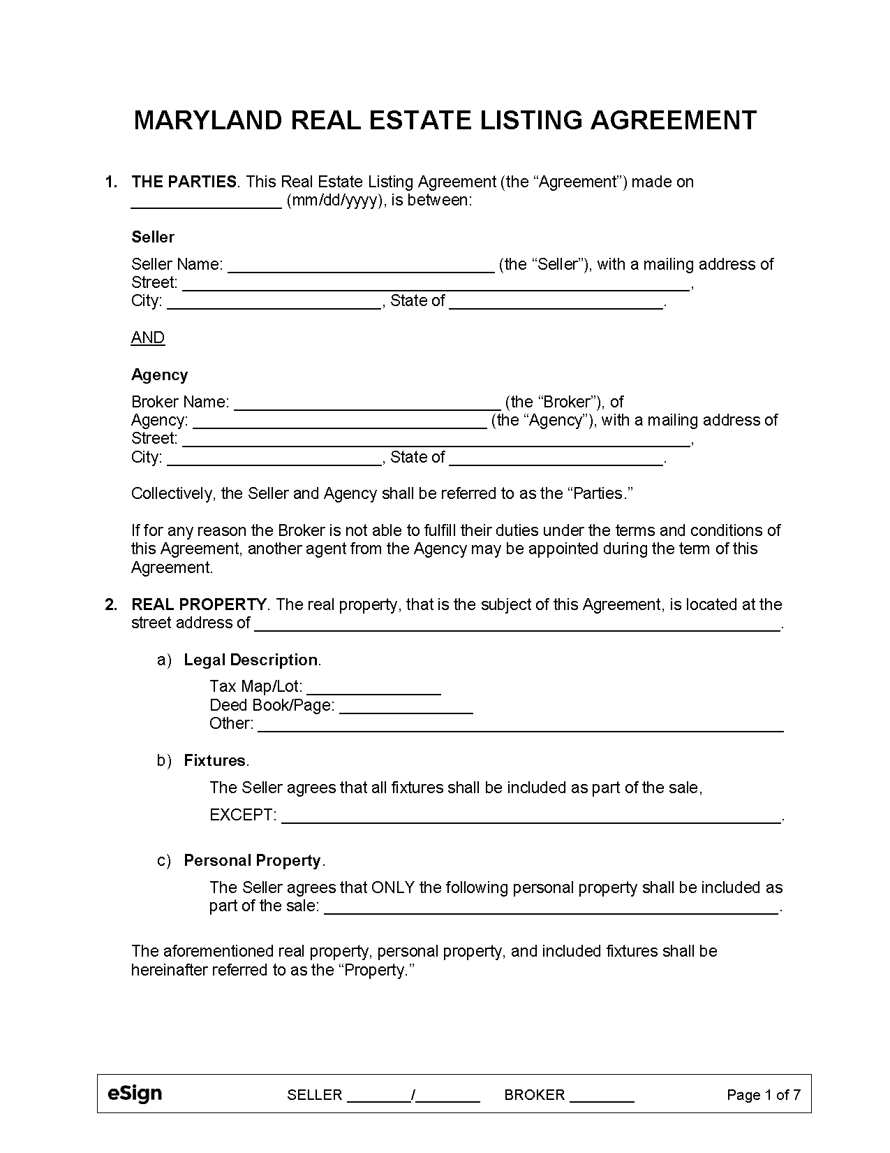 Free Maryland Real Estate Listing Agreement PDF Word