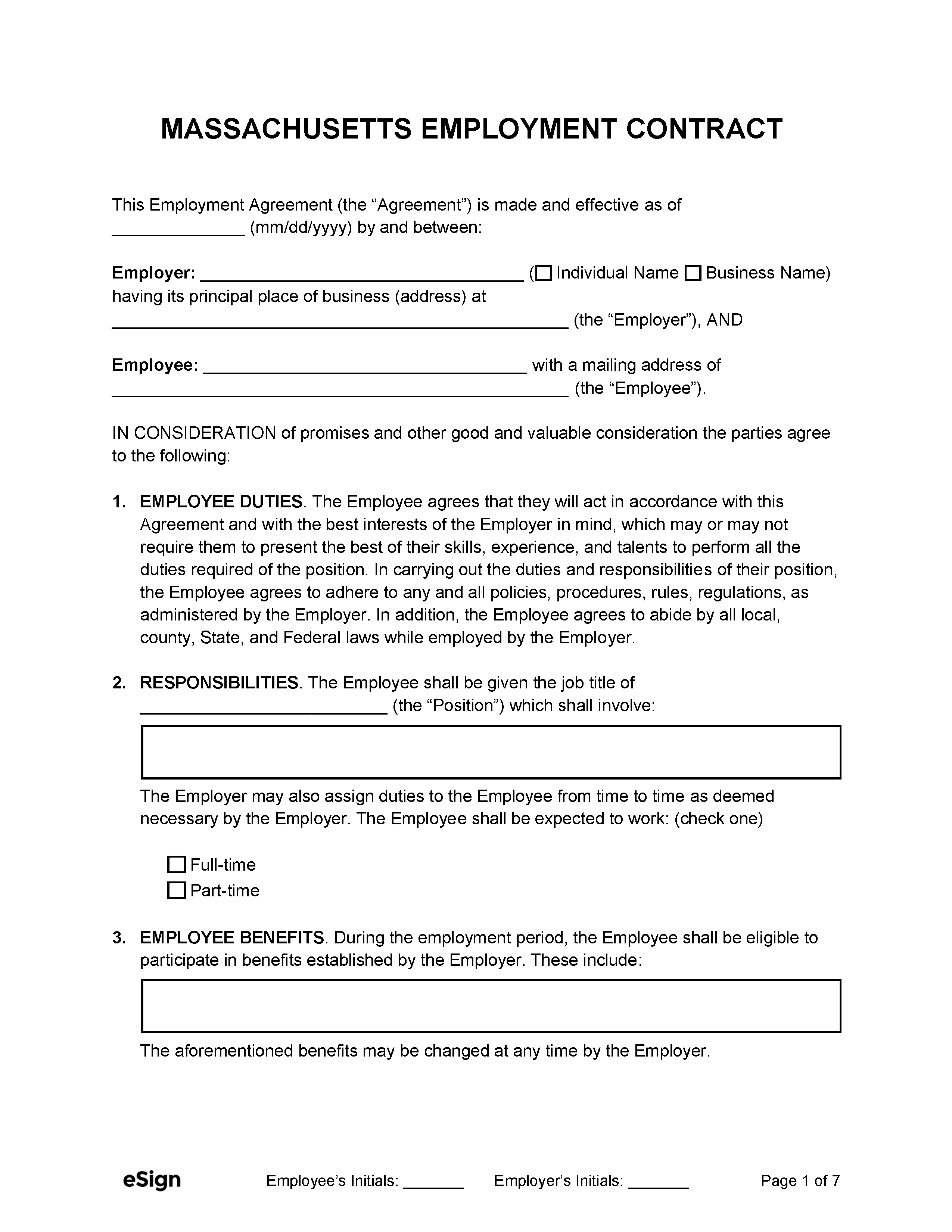 Free Massachusetts Employment Contract Templates PDF Word