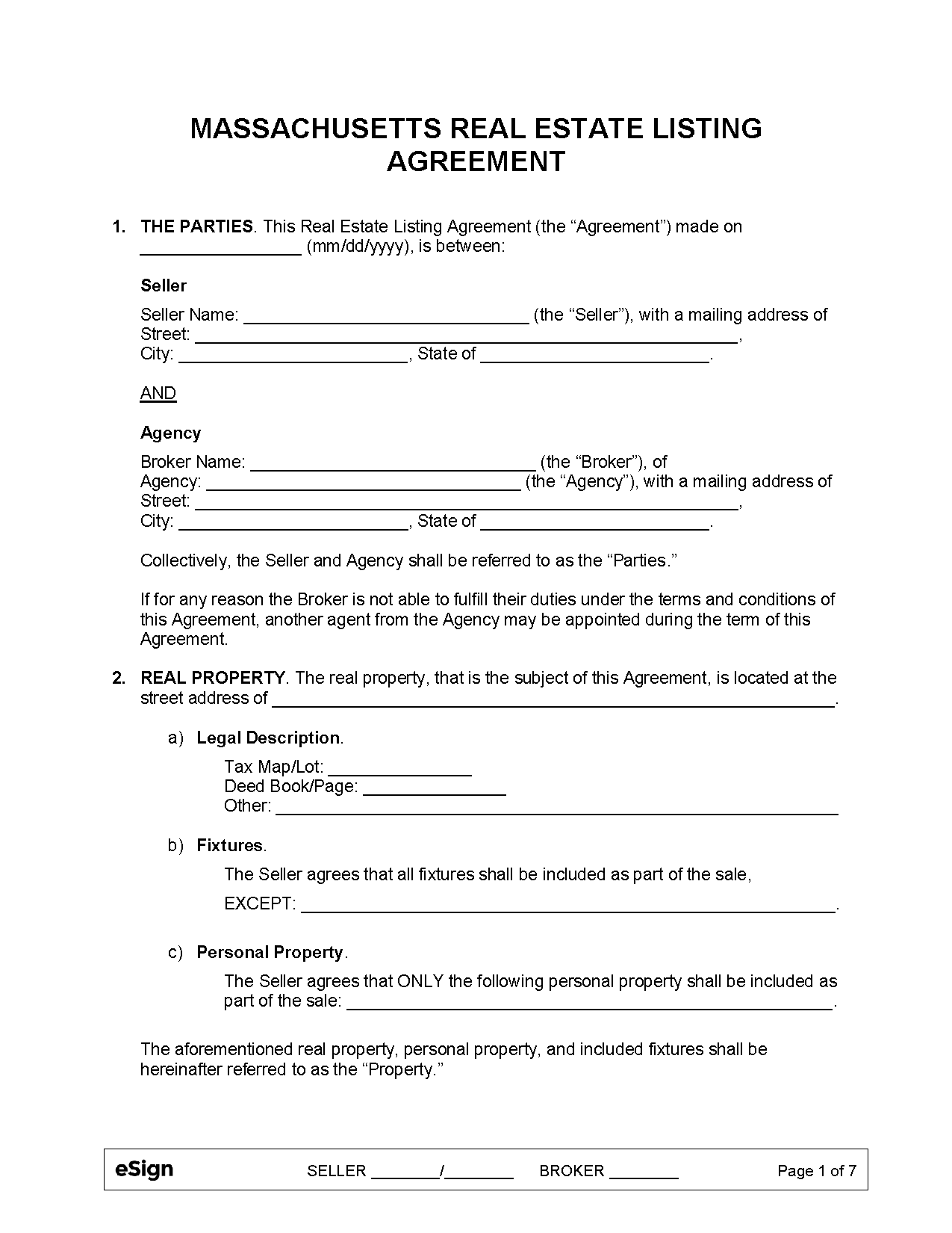 Free Massachusetts Real Estate Listing Agreement PDF Word