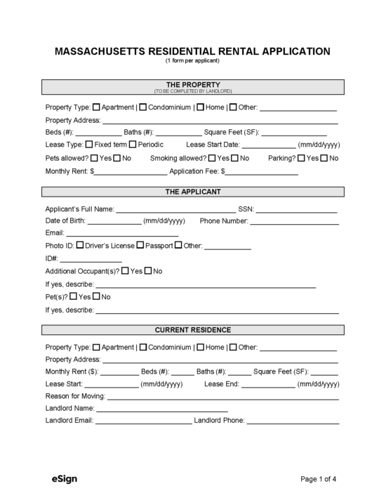 Free Massachusetts Rental Application Form PDF Word