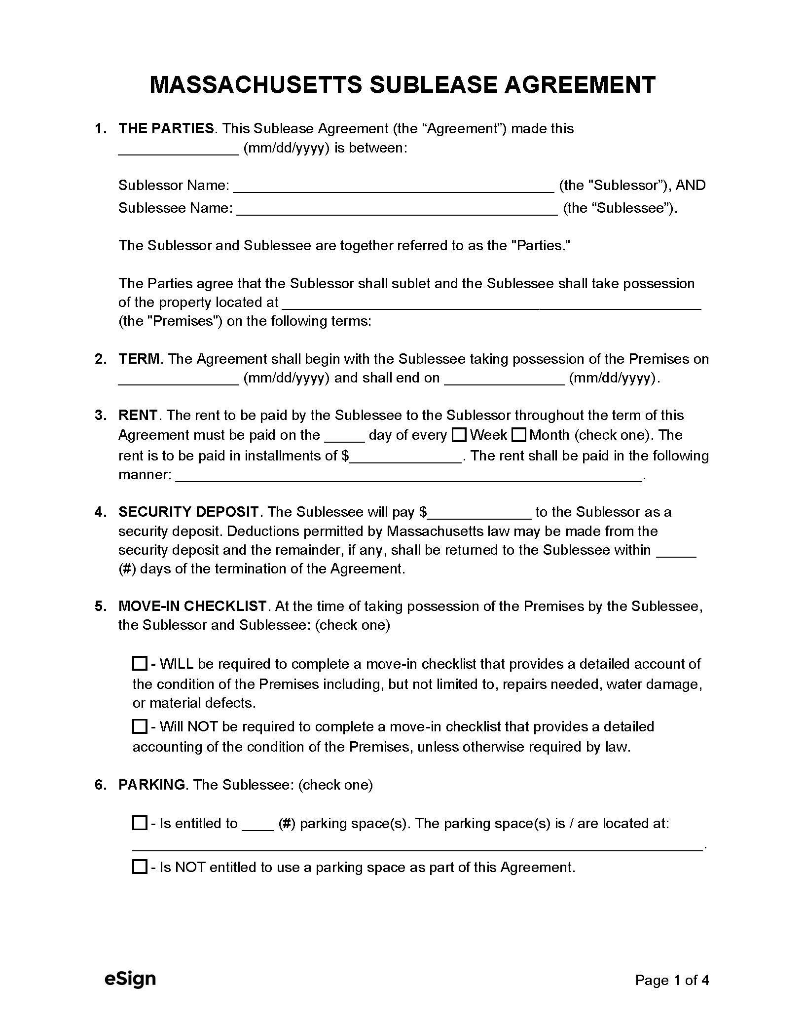 Free Massachusetts Sublease Agreement Template PDF Word