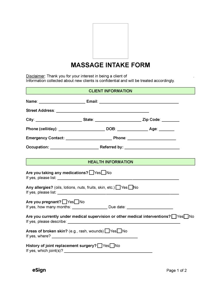 Free Massage Intake Form PDF Word