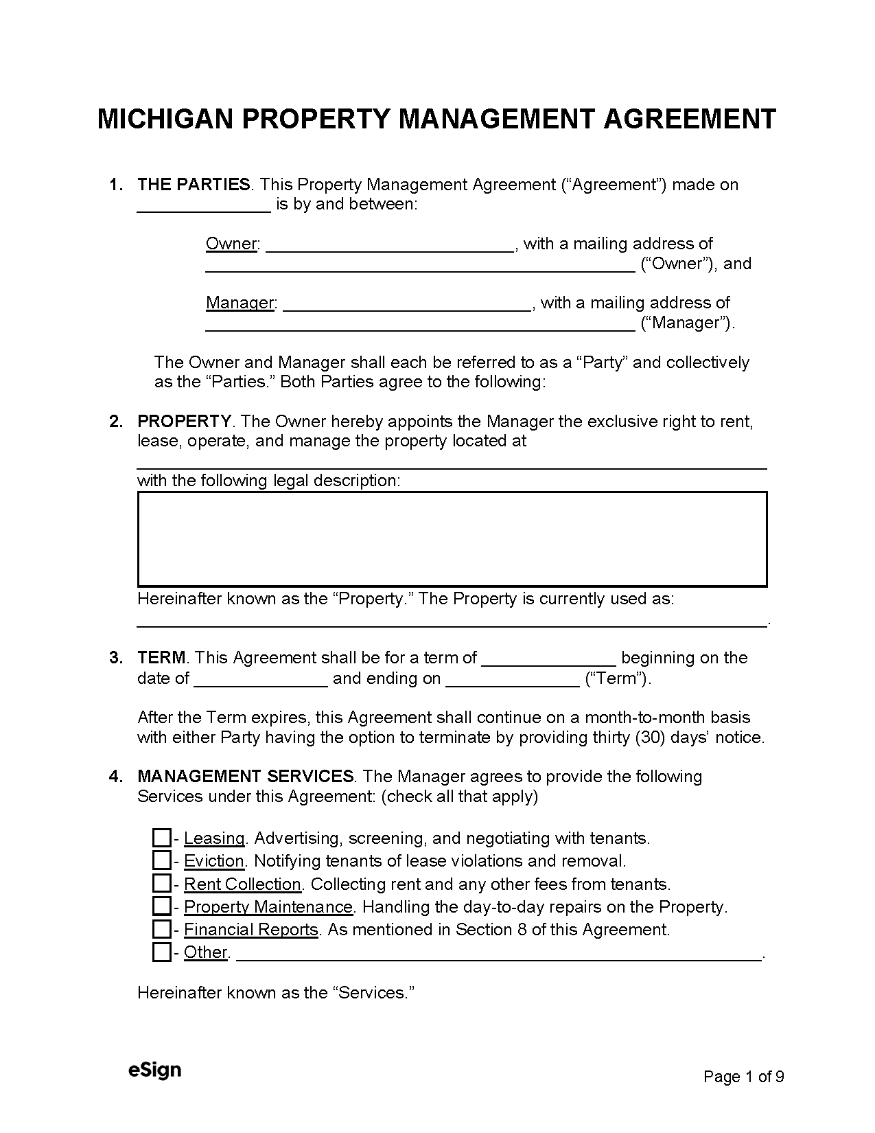 Free Michigan Property Management Agreement PDF Word