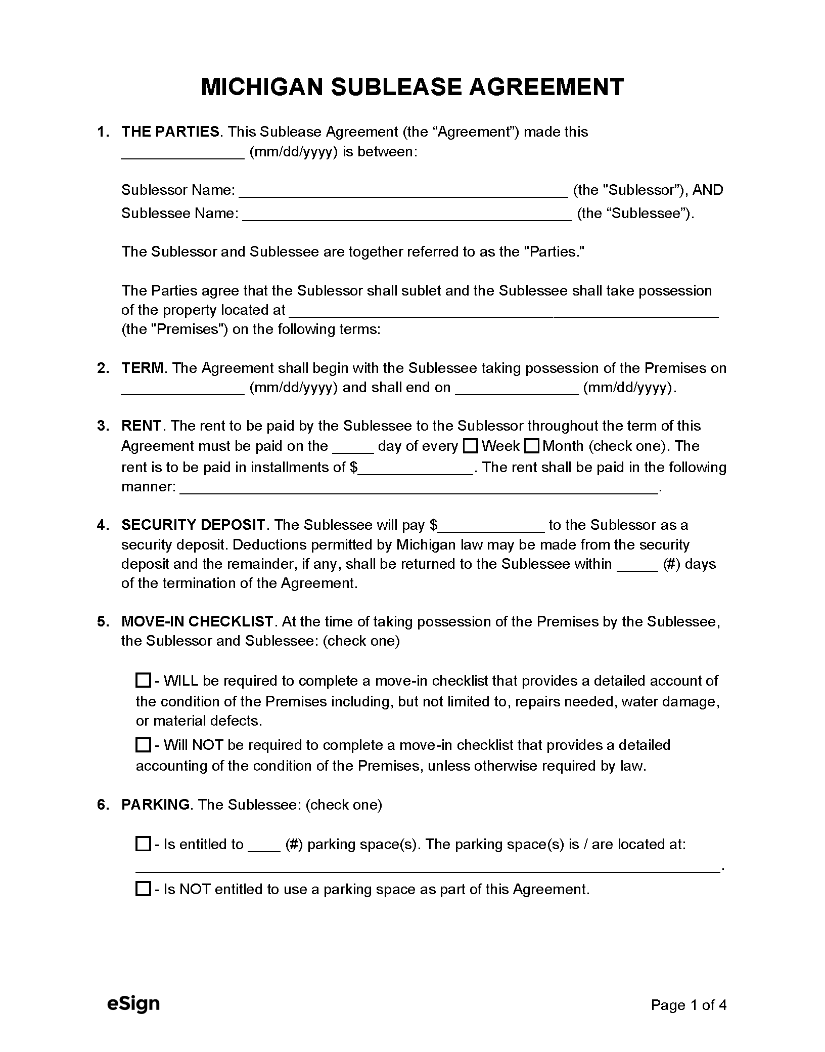 Free Michigan Sublease Agreement Template PDF Word