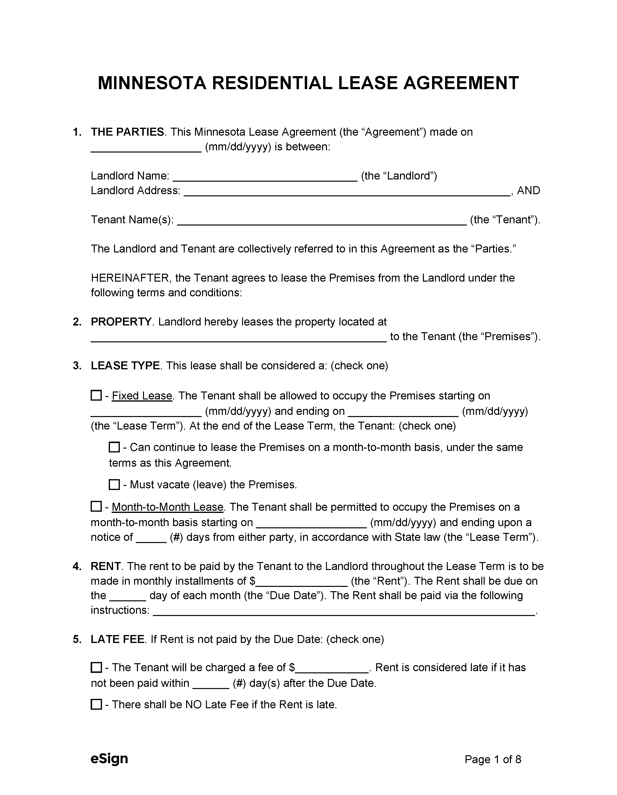 Free Minnesota Rental Lease Agreement Templates (6) PDF Word